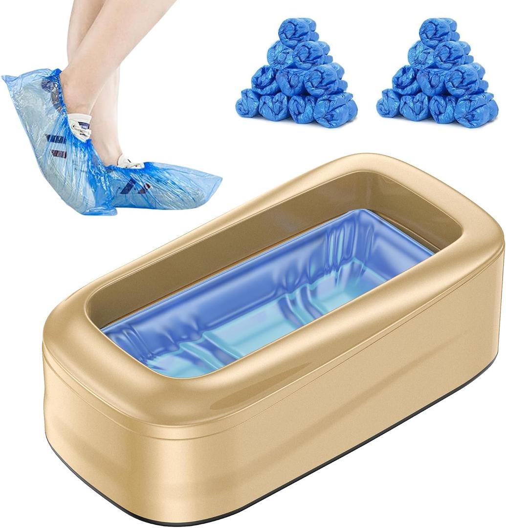 Upgraded Large Automatic Shoe Cover Dispenser, Waterproof & Non-Slip with 200 Disposable Covers, Fits Mens Shoes to Size 12, Heavy Duty for Home, Office, Factory, Indoor Use, Gold Decorative Design