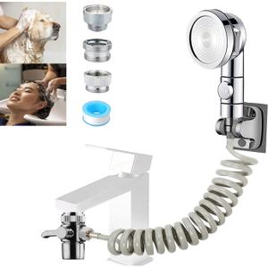 Sink Sprayer Attachment for Faucet, Kitchen Bathroom On/Off Handheld Shower Head with Flexible Hose, Faucet Aerator & Diverter Valve, Connect Different Sink Faucets, for Hair Washing Pet Shower (Silver)