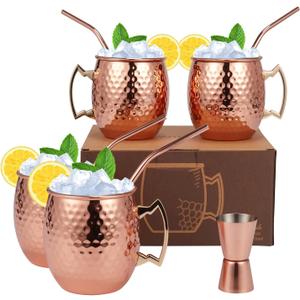 Moscow Mule Mugs Set of 9-20oz Hammered Moscow Mule Mugs Drinking Cup 304 Stainless Steel with 4 Straws-1 Jigger-Great Dining Entertaining bar Gift Set Mug Set of 4, Double Jigger Included