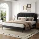 King Size Bed Frame, King Size Platform Bed Frame with Upholstered Button Tufted Headboard, Strong Wood Slats, No Box Spring Needed, Mattress Foundation, Easy Assembly Black