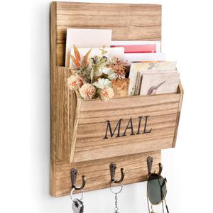 DLQuarts Mail Organizer with Key Holder for Wall Decorative Mail Sorter Wall Mounted, Wooden Mail Holder with 3 Hooks, Carbonized Brown