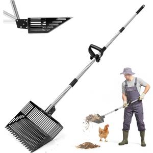Chicken Poop Scooper,15-INCH Adjustable Angle Chicken Coop Scoop,3-in-1 Sand Rake with Stainless Steel Handle(36"-65"),Chicken Coop Accessories Cleaning Tool for Farm Animals