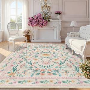 9x12 Pink Floral Washable Rug for Girls Bedroom,Soft Boho Area Carpet for Living Room, Nursery, Playroom, Non-Slip & Easy to Clean