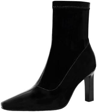 Mofirdast Women's Mid Calf Boots Comfy Square Closed Toe Stiletto High Heel Boot Zipper Short Ankle Booties, Size 8, Black
