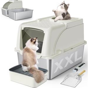 Stainless Steel Litter Box, XXL Large Metal Covered Litter Boxes, Dual Entrance Detachable Cat Litter Box with Lid, 16.6'' High Wall Urine Leak Prevention with Cat Litter Scoop (White)