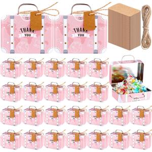 24 Pieces Mini Suitcase Party Favor Boxes Mini Pink Luggage Gift Suitbox Vintage Candy Tin Suitcase with Handles, Labels and Twine for Travel Themed Party Bridal Shower Wedding Decoration