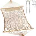 JoyView Traditional Rope Double Hammock - Hand Woven Cotton Hammock with Hardwood Spreader Bar and Pillow 450lb Capacity for Outdoor Indoor Patio Yard - Brown