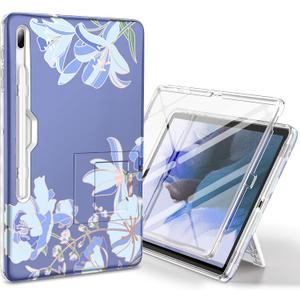SURITCH for Samsung Galaxy Tab S7 FE Case for Tablet S7+ Plus, S8+ Plus, Built-in Screen Protector & S Pen Holder Full Body Shockproof Protective Cover with Foldable Kickstand, Blue Lilly