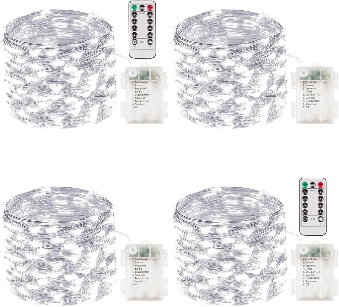 4 Pack 100 LED Fairy Lights Battery Operated with Remote, 33FT Waterproof Twinkle Lights with Timer & 8 Modes, Fairy String Light Outdoor Indoor for Bedroom Classroom DIY Christmas Decor (Cool White)