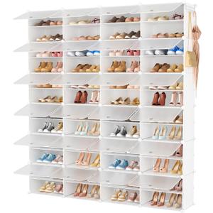 Shoe Rack Organizer 12 Tier Shoe Storage Cabinet with Door 96 Pair Tall Shoes Rack Expandable Free Standing Sturdy Plastic Easy Assembly Shoes Shelf for Closet Entryway Bedroom Hallway White, 48" Wide-96 Pairs