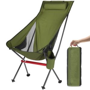 OKYUK Camping Chair, High Back Portable Folding Chair, Aircraft Grade Aluminum Alloy Structure, Built-in Pillow, Side Pocket & Carry Bag, Compact & Heavy Duty for Outdoor Backpacking (Green)