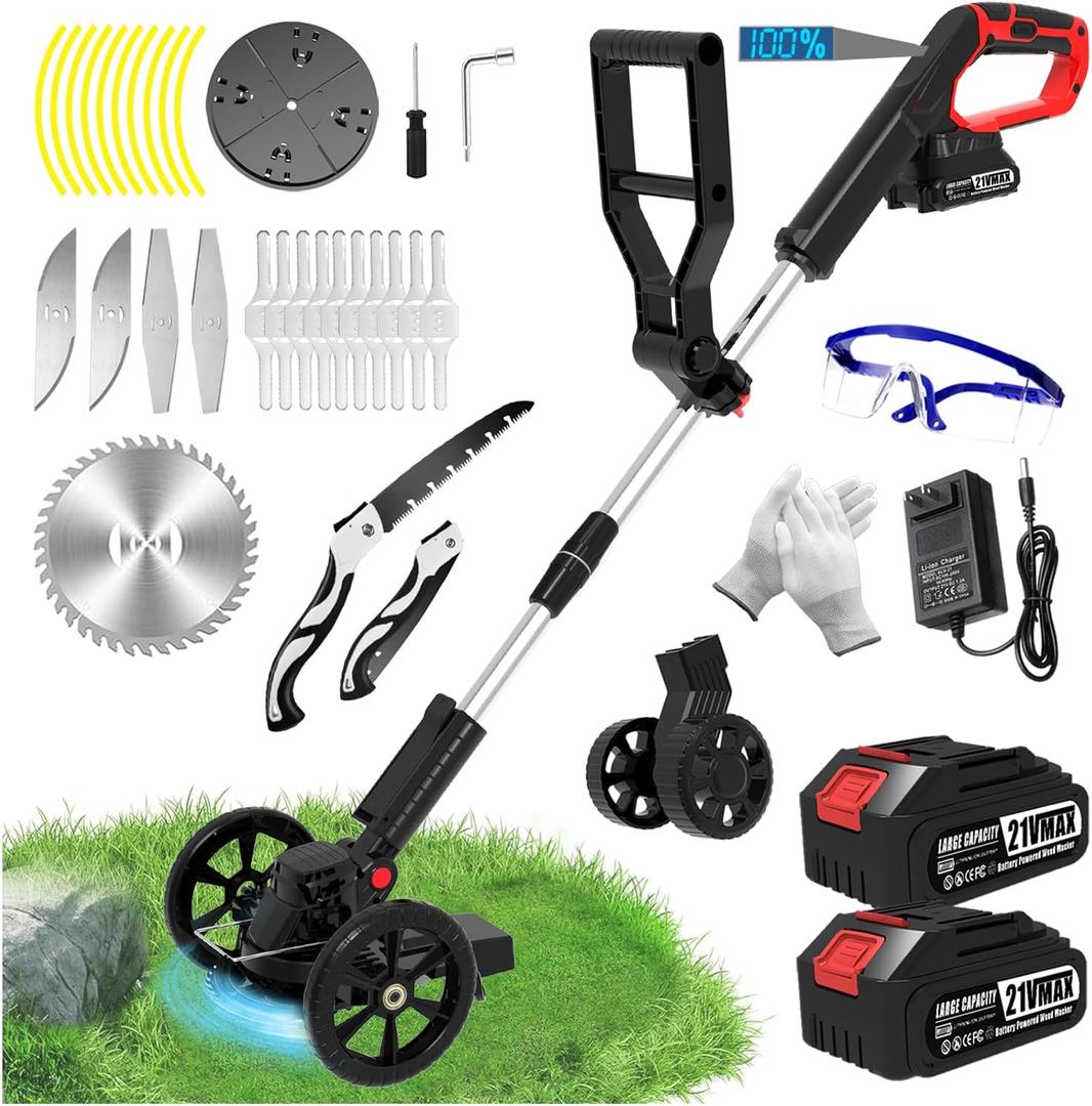 Electric Cordless Weed Wacker Eater Battery Powered, Stringless Weed Trimmer with 2 21V/2.0Ah Battery Operated & 5 Types Blades & Wheels,No-String Grass Trimmer/Lawn Edger/Brush Cutter for Garden Yard