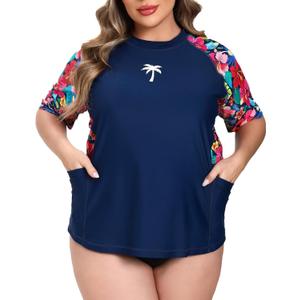 Halcurt Women Plus Size Rash Guard Short Sleeve Swim Shirt with Built in Bra UPF50+ Swimsuit Top with Pockets Navy Colorful Florals 2X