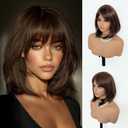 Short Brown Wig with Bangs Brown Bob Wig for Women Medium Shoulder Length Brunette Wig Bob Natural Looking Side Parting Dark Brown Wigs 16 Inch Heat Resistant Synthetic Hair for Girls Daily Party Use