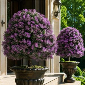 BLOSMON Purple Artificial Outdoor Plants, Faux Cedar Topiary Tree, Set of 2