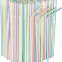 [500 Pack] Striped Flexible Plastic Drinking Straws Disposable Straw 8'' inches Tall Assorted Colors (Stripes)