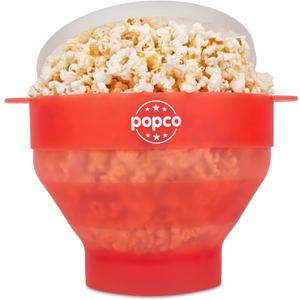 POPCO Silicone Popcorn Maker - Microwave Popcorn Popper - Collapsible Bowl, Heat-Resistant, Easy to Clean, Ideal for Family Movie Nights, 15-Cup Capacity - Transparent Red