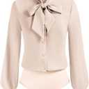 Kate Kasin Women Bow Tie Neck Office Blouse Button Down Long Sleeve Bodysuits Blouse Top (Small, Almond)