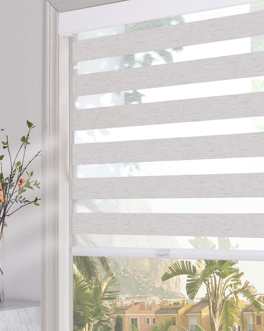 Persilux Cordless Zebra Blinds for Indoor Windows, Light Filtering Sheer Shades, Upgraded Cassette, Dual Layers Light Control for Day and Night for Office, Easy to Install (34.5" Wx72 H, Linen Cream)