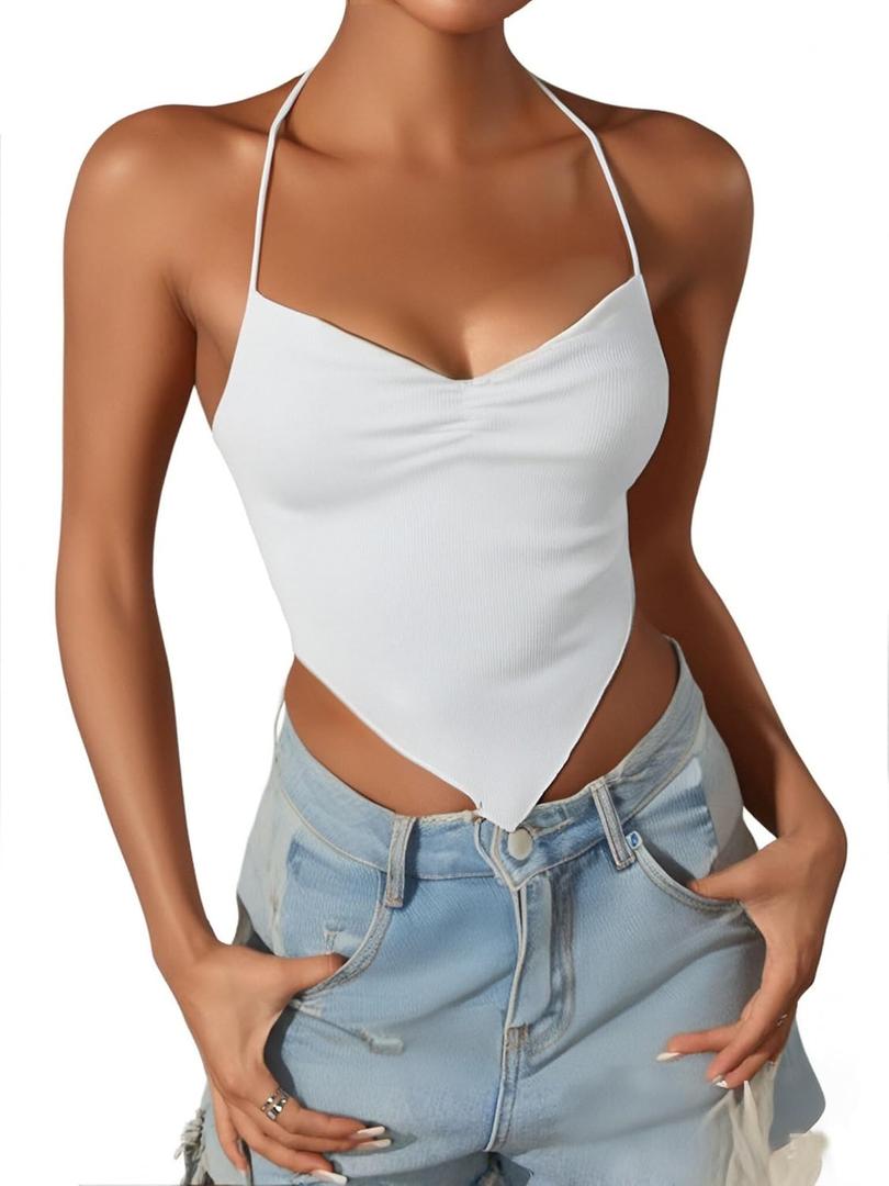 Verdusa Women's Criss Cross Backless Strappy Asymmetrical Hem Crop Cami Top (Medium)