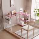 Pamray 40 Inch L Shaped Computer Desk with Reversible Side Storage Shelves, Small Corner Desk for Small Space Home Office, Writing Study Table PC Desk for Bedroom, Pink