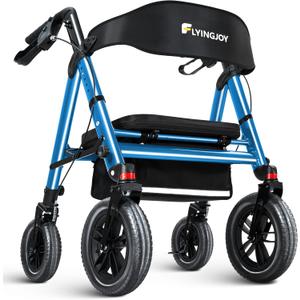 Rollator Walker with Seat,12" Front Wheels 10" Rear Rolling Walker, Extra-Wide Heavy-Duty Rollator Walker with Seat and Brakes for Seniors and Adults Bariatric with Large Aluminum (Blue)