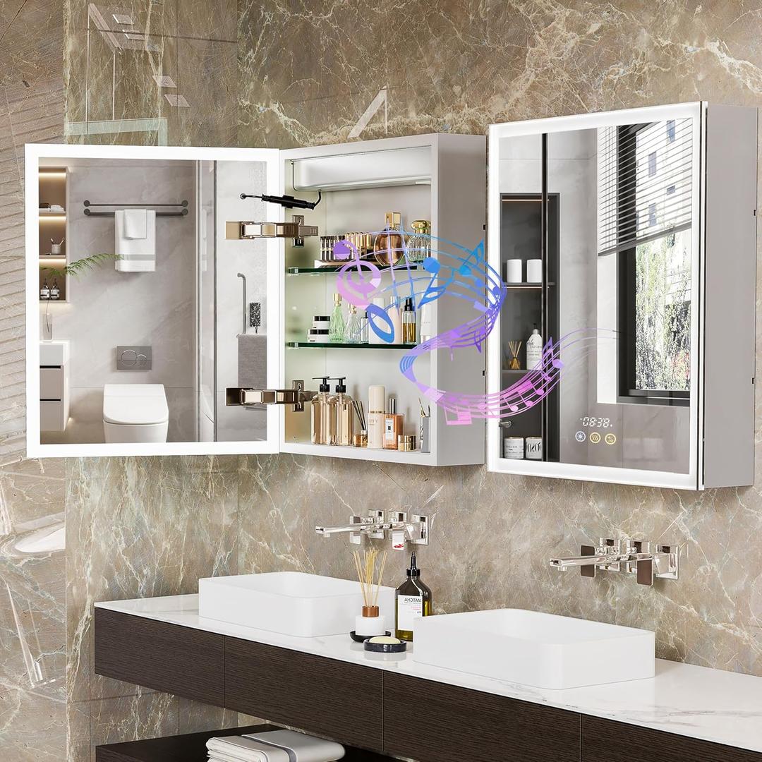 Medicine Cabinet with LED Mirror: 24x20 Wall Mounted Lighted Dimmable Vanity Mirrors with Bluetooth Speaker and Digital Display - Mirrored Bathroom Storage Organizer with 2 Adjustable Glass Shelves