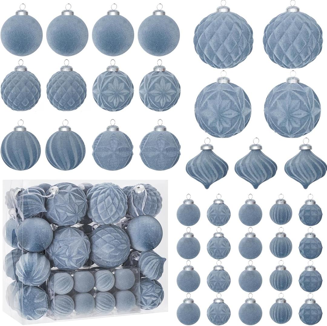 46PCS Velvet Christmas Ball Ornaments Set, Flocked Shatterproof Xmas Tree Decor, Assorted Hanging Ornaments with Loop for Holiday Home Decor, Christmas Tree Decoration (Gray Blue)
