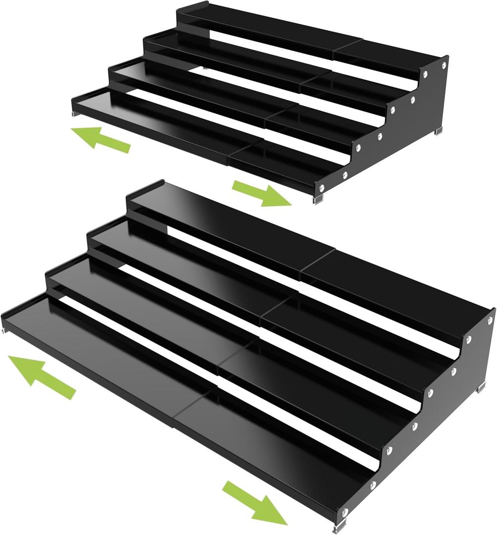 Expandable 4-Tier Step Spice Rack Organizer for Kitchen Cabinet Modern Design and Non Skid Space Saving Storage Shelf for Countertop Cabinets Pantry(2Packs/Black)