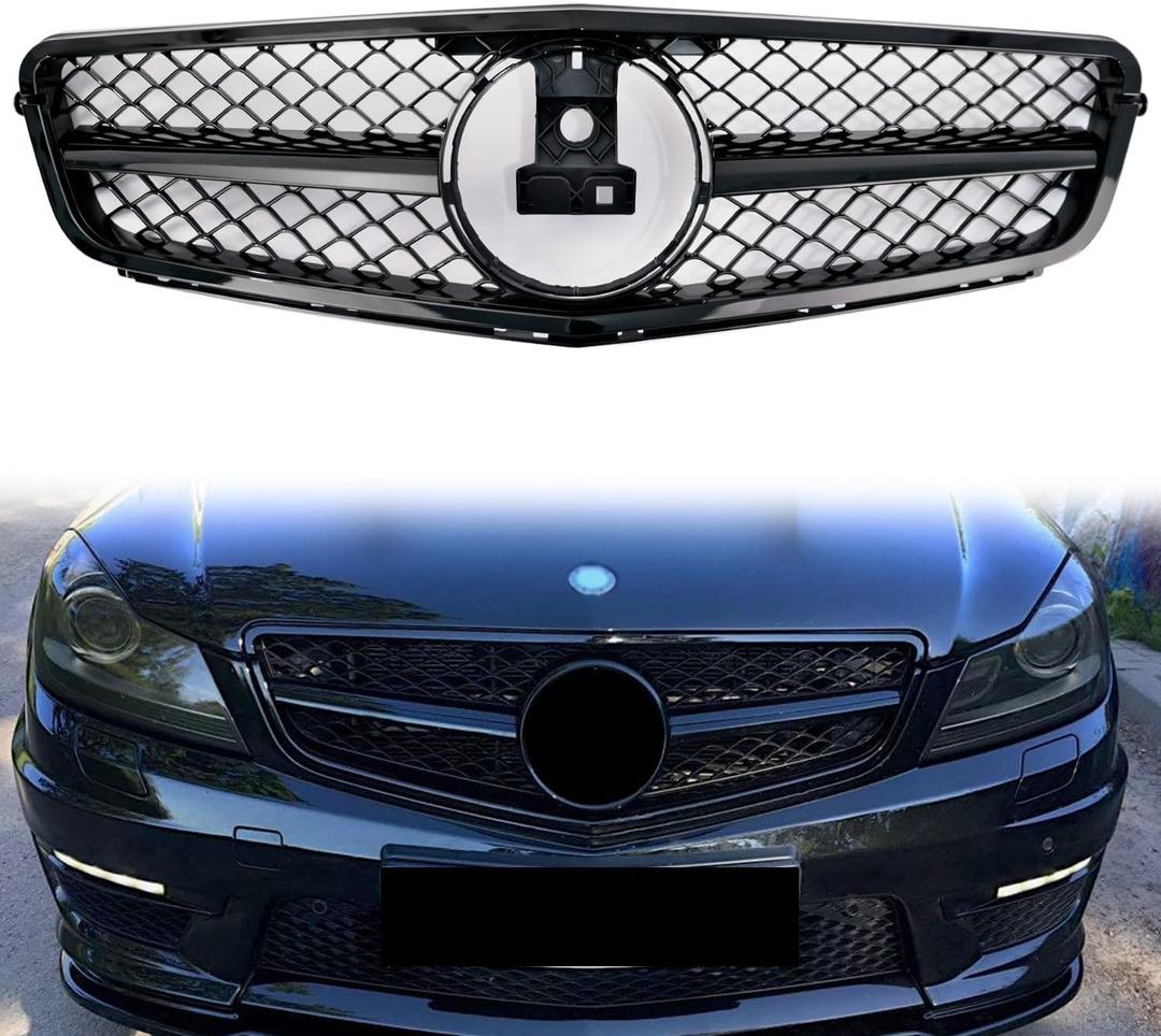 C Class Grill Front Grille for Mercedes Benz C250 C300 C350 2008 2009 2010 2011 2012 2013 2014, NOT Fit for C63 AMG Style Gloss Black