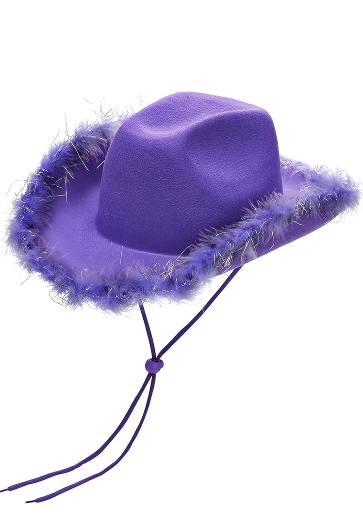 Furry Cowboy Hats with Feather for Women Wide Brim Western Felt Cowgirl Hat Party Dress up Role Play Accessories, violet