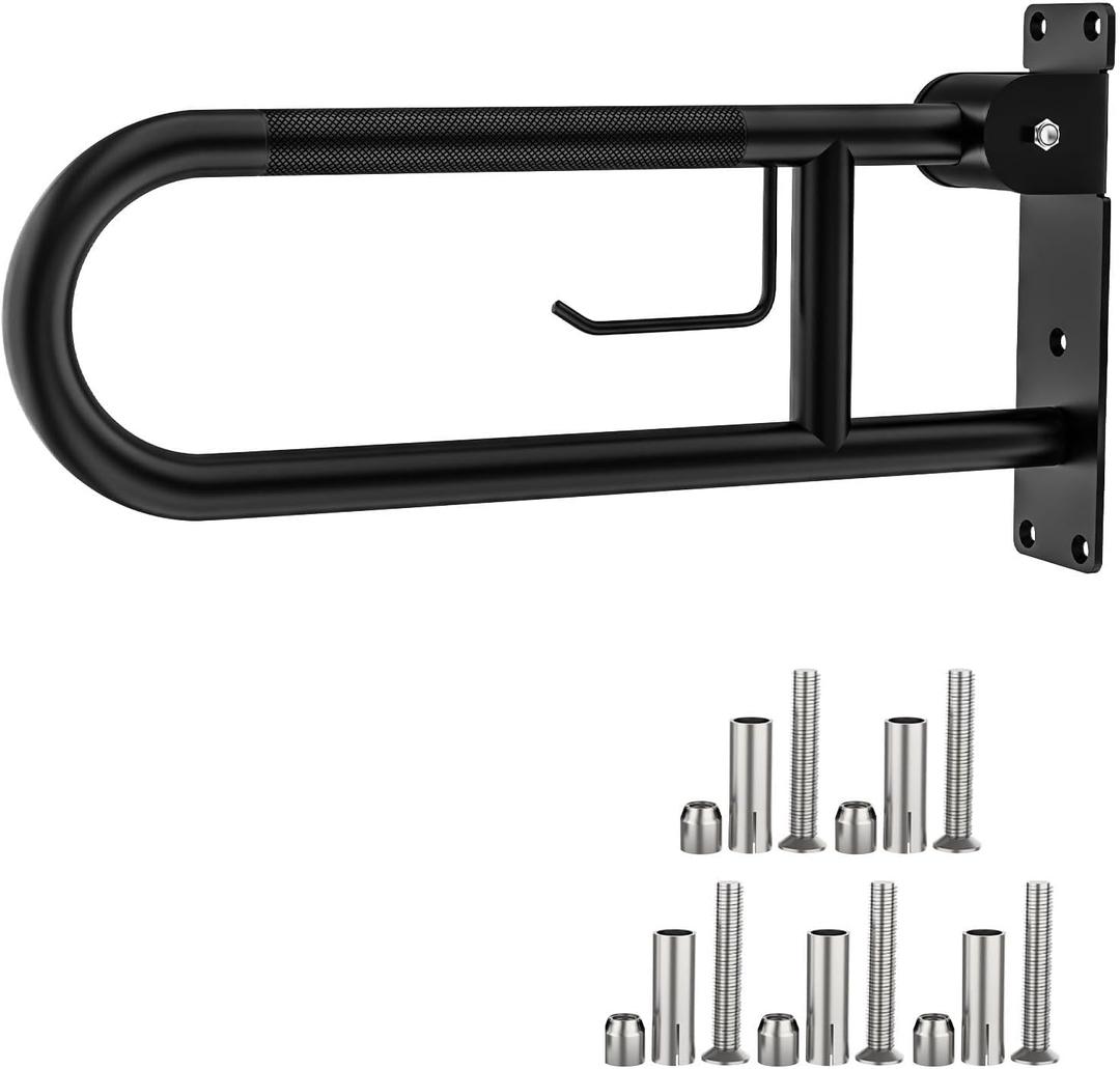 ZUEXT 24 Inch Matte Black Flip-Up Foldable Toilet Grab Bar w/Paper Holder