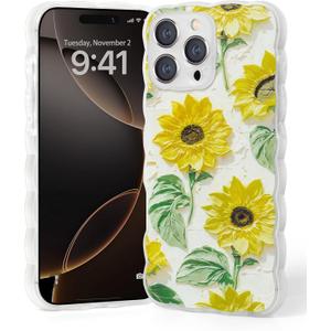 Gronda for iPhone 16 Pro Max Phone Case Cute Trendy Flower Girly 16 Pro Max Phone Case with Wavy Edge Screen Protection Floral Case for iPhone 16 Pro Max Oil Painting Sunflower