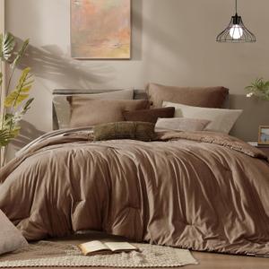 Monbix Queen Comforter Set - 7 Pieces Cationic Dyeing Brown Bed in a Bag Queen Bedding Sets with Comforter, Sheets, Pillowcases & Shams, Reversible Bedding Comforters Sets