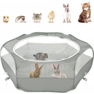 Pawaboo Small Animals Playpen, Waterproof Small Pet Cage Tent with Zippered Cover, Portable Outdoor Yard Fence with 3 Metal Rod for Chick/Kitten/Puppy/Guinea Pig/Rabbits/Hamster/Chinchillas, Light Gray