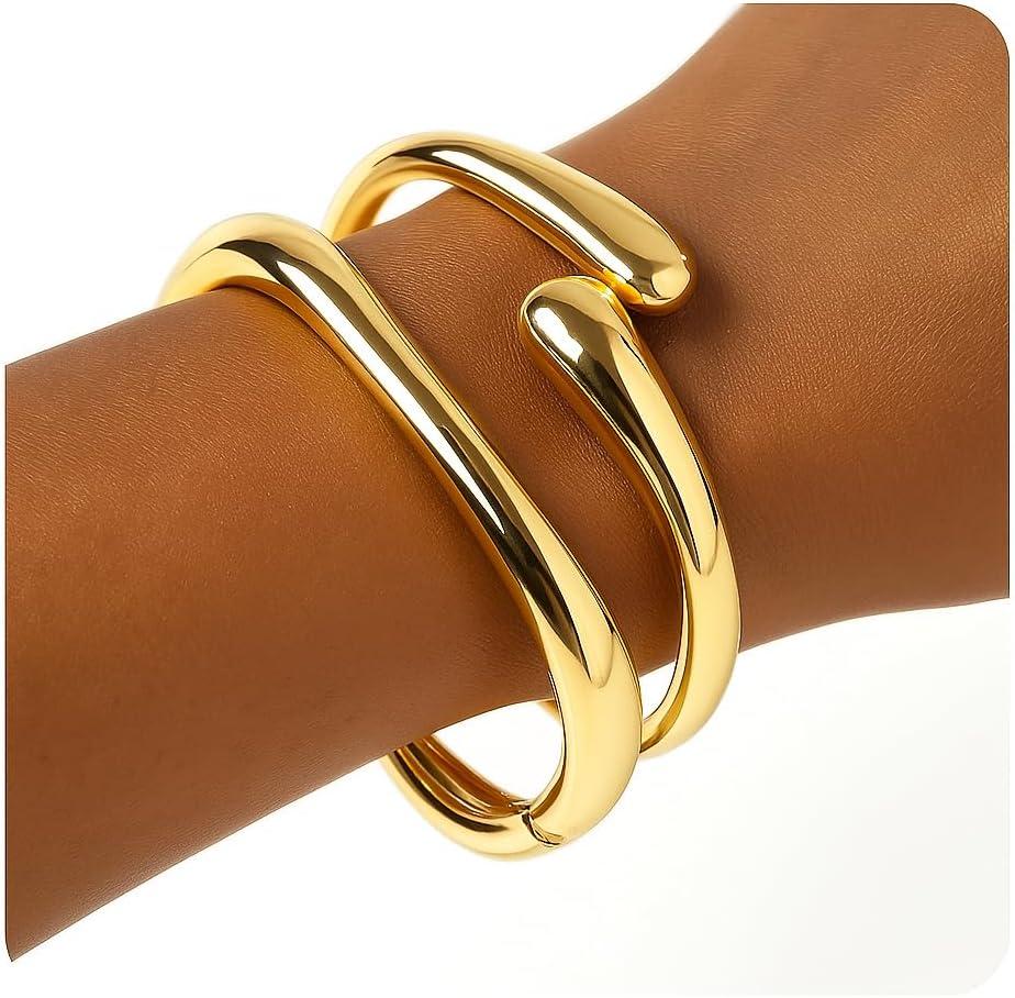 PEALICIOUS 2Pcs Chunky Bracelet for Women, Girls Gold Bangle Bracelet 7in Minimalist Silver Chunky Bangles Prom Gifts, Trendy Gold Arm Cuff Upper Arm Band, Stack Bead Prom Accessories Summer Jewelry