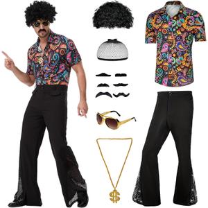 70s Disco Outfit Costume for Men, Include Shirt Bell Bottom Pants Wig Sunglasses Necklace Wig Cap, for Disco Party XXL