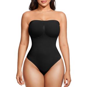 LANCS Strapless Shapewear Thong Bodysuit for Women Seamless Tummy Control Shapewear Body Shaper Tube Top Leotard (Black, Large)
