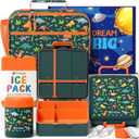 Fimibuke Kids Bento Snack Lunch Box with 4 Compartment, Insulated lunch Bag, Stainless Steel Vacuum Thermos Food Jar, Ice Pack, Utensils Set, Birthday Gift for Age 3-12 Back to School Toddler Girl Boy (A7.Green Dinosaur)