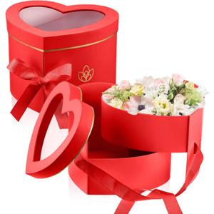 Nuanchu 2 Pcs Mother's Day Heart Shaped Flower Box with Transparent Window Paper Floral Boxes with Lids Ribbons Double Layers Rotating Gift Box for Arrangements, 9.1 x 7.9 x 6.5 Inch(Red)