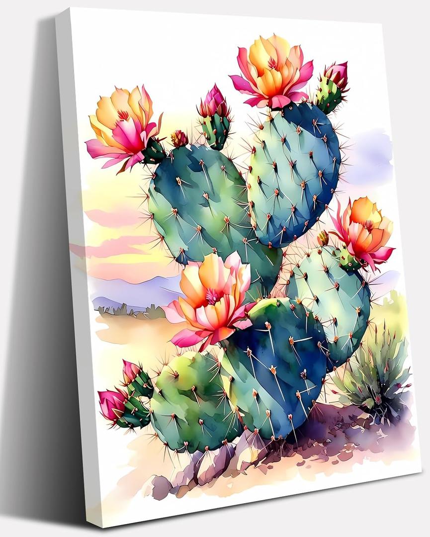 Framed Cactus Wall Art,Cactus Desert Landscape Canvas Wall Art Prints,Vintage Watercolor Tropical Wall Art Desert Plants Wall Decor for Living Room Bathroom Home 12x16 inch
