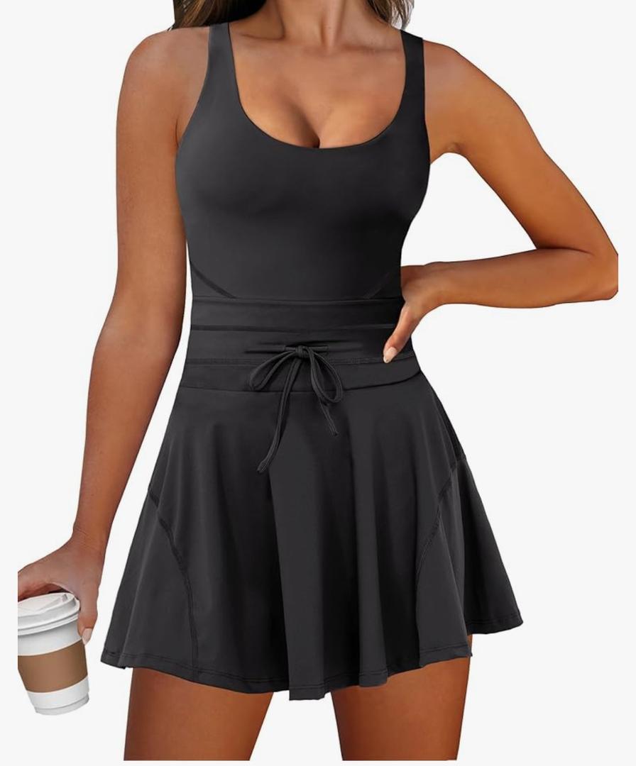 Caracilia Women's Tennis Mini Dresses Workout Built in Shorts Golf Athletic Sleeveless One Piece Summer Active Romper Dress Medium