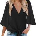 Bluetime Womens Tie Front Tops 3/4 Bell Sleeve V Neck Cute Summer Tops Shirts Casual Chiffon Blouses (Black, XL)