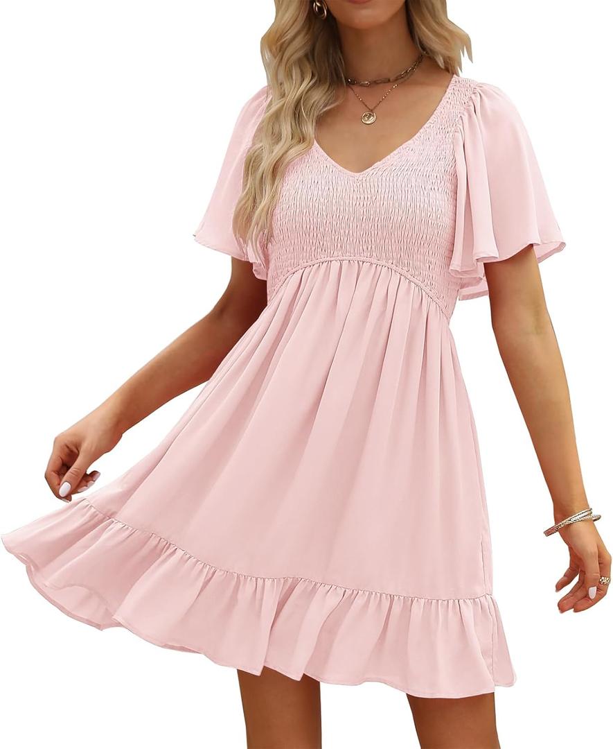 LILLUSORY Flowy Dress Women's Summer Dresses 2024 Mini Casual Dress Smocked V Neck Flutter Sleeve Dress Ruffle Dresses Light Pink, Small