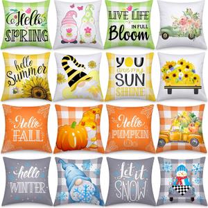 Tatuo 16 Pcs Seasonal Pillow Covers 16" x 16" Spring Summer Flower Decorative Pillows Covers Farmhouse Cushion Case for Holiday Home Furniture Bench Couch Sofa Living Room Decor