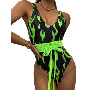 Womens One Piece Flame Print High Cut Bodysuit Swimsuit Bikini Swimwear Bathing Suit Rave Costume (Small, Neon Green)