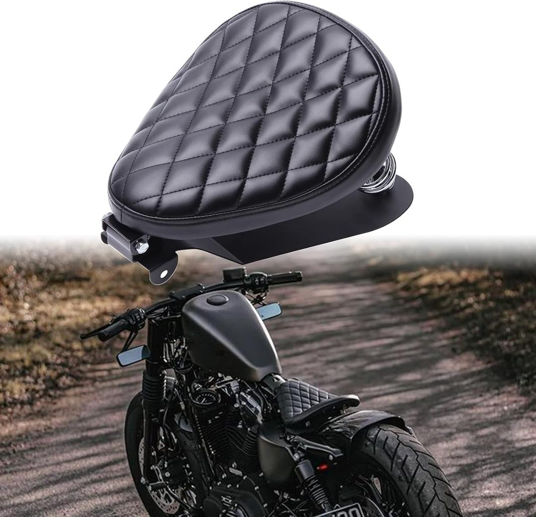 DREAMIZER Motorcycle Seat Cushion Driver Solo Seats with Spring Bracket PU Leather Compatible with Harley Honda Yamaha Kawasaki Sportster Iron 883 1200 Chopper Bobber Cafe Racer (Black,Rhombic)