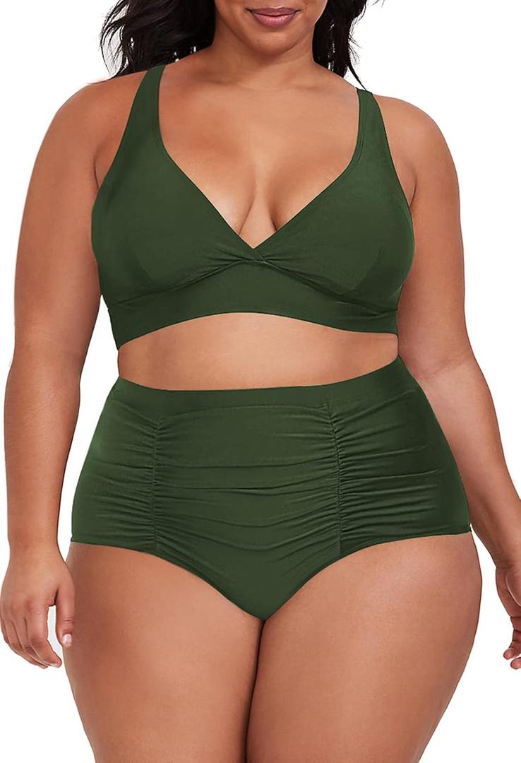 Sovoyontee Women's 2 Piece Plus Size High Waisted Swimsuit Bathing Suit (X-Large Plus, Army Green)