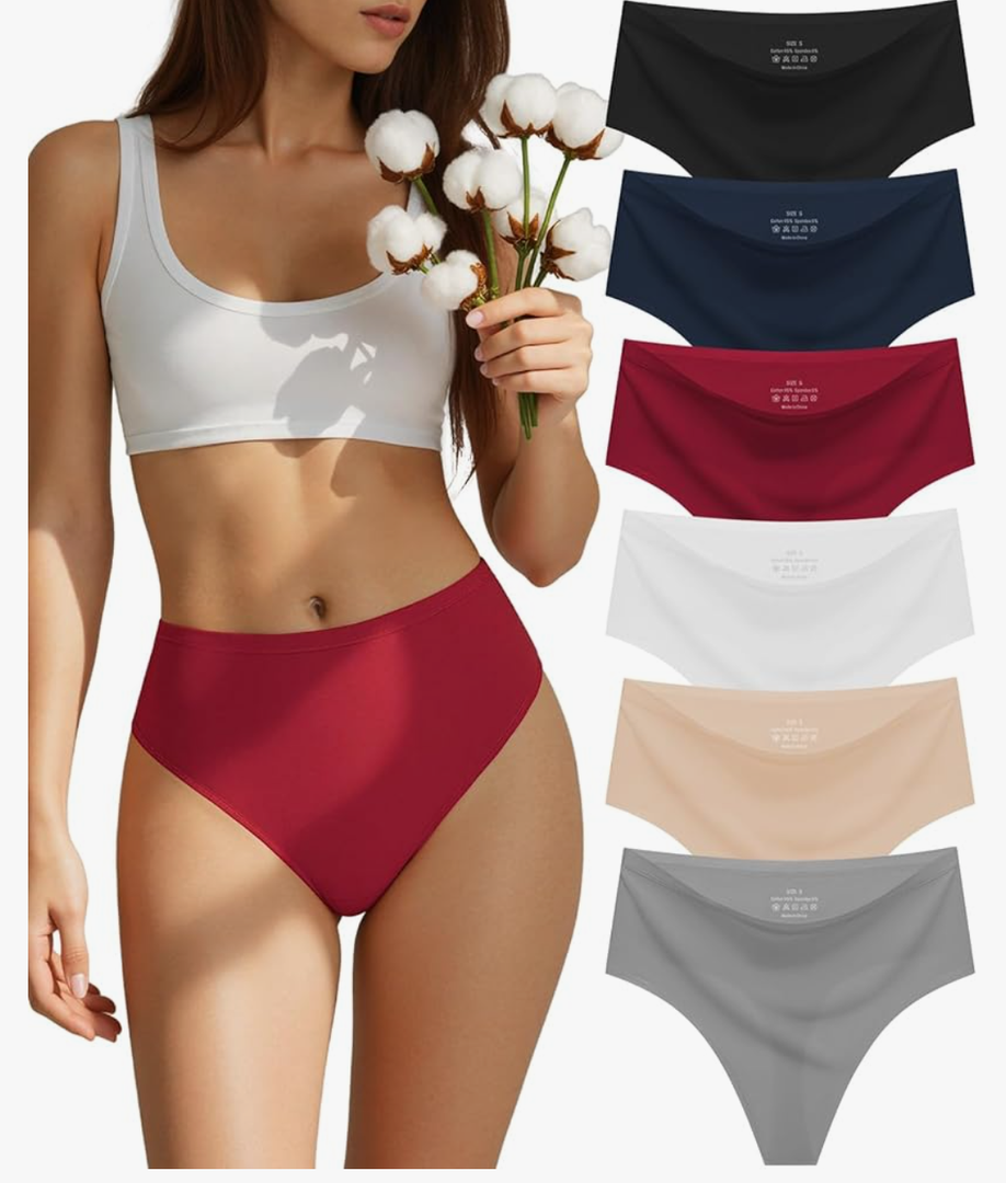 Seamless Underwear for Women Cotton Thongs High Waisted Soft Breathable No Show Panties Invisible Stretch 6 Pack Size S