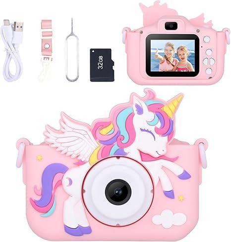 Unicorn Toys Camera for Kids Girls Age 3-8, Toddler Kids Digital Camera Christmas Birthday Gifts for 3 4 5 6 7 8 Years Old Girl, Cute Selfie Video Camera, HD 1080P, 32GB SD Card Included, Pink